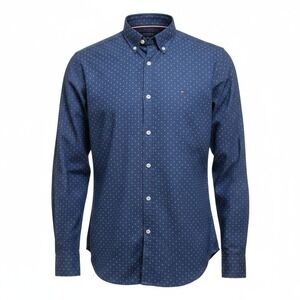 Tommy Hilfiger Men' Button Down Shirt Navy Blue Micro Dot Long Sleeve Casual Lg